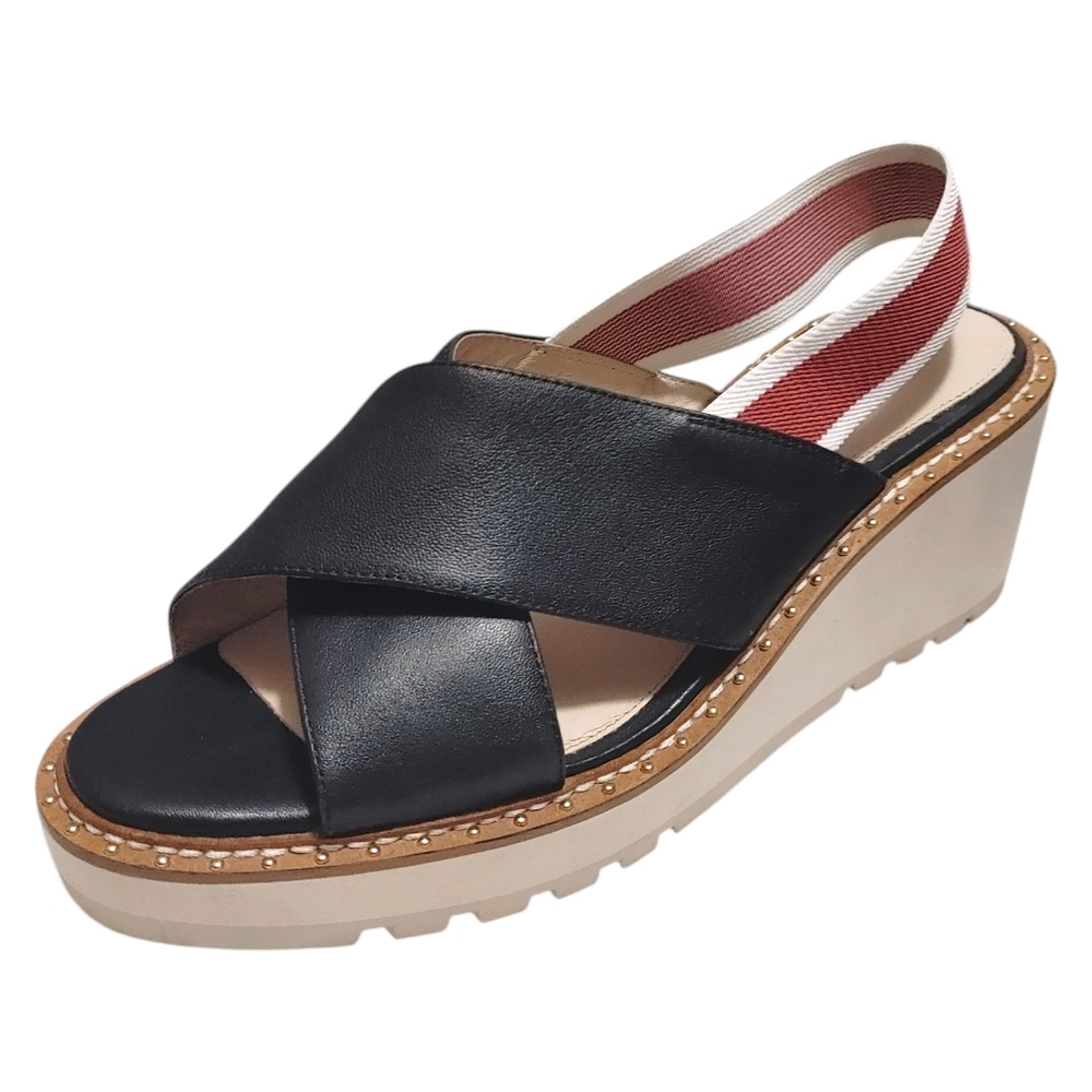 Cecilia New York Black Leather Strappy Stretch Wedge Heels Women's Size 9.5